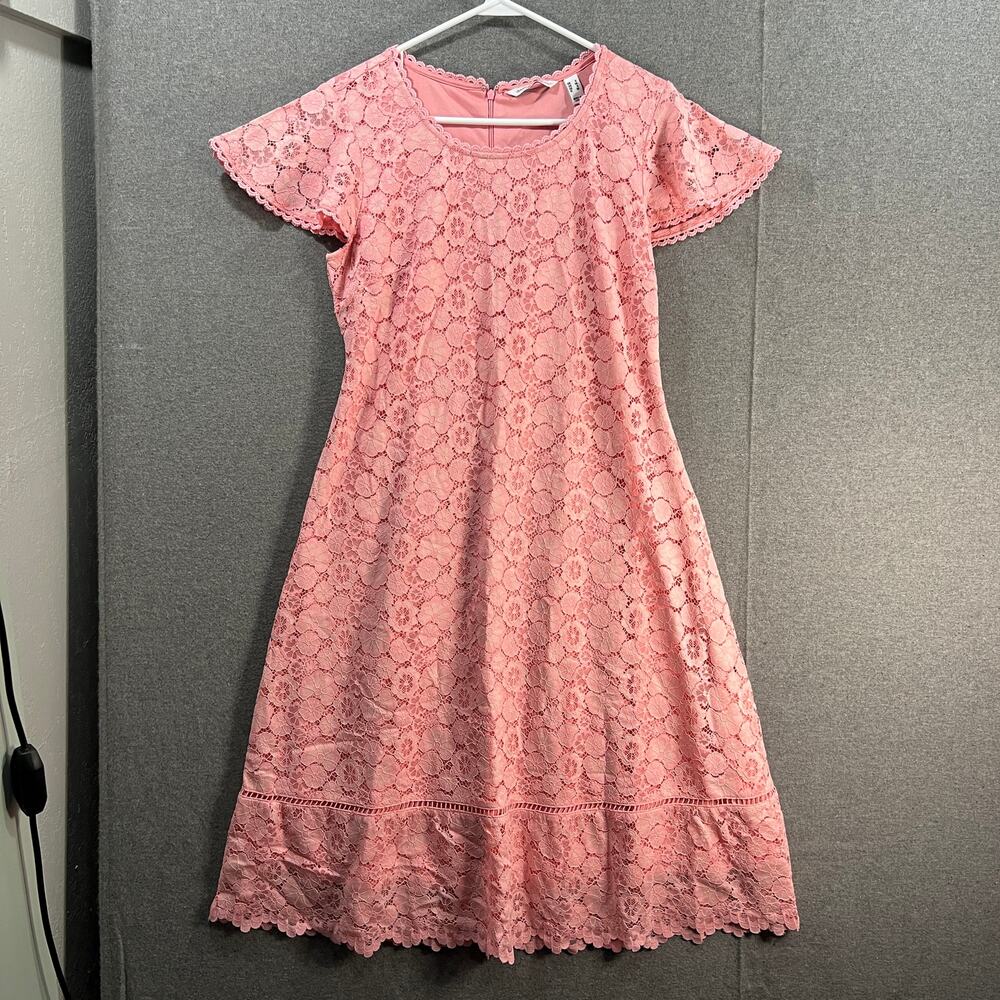 Isaac Mizrahi Live Regular Lace Dress with Lattice Trim Pleasant Pink Small